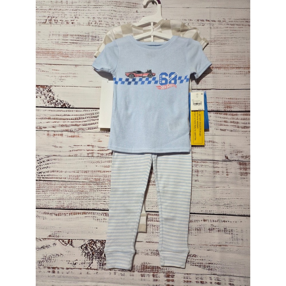 Hot Wheels Boys 4-Piece Pajama Set Blue Checkered Cotton 3T Unisex